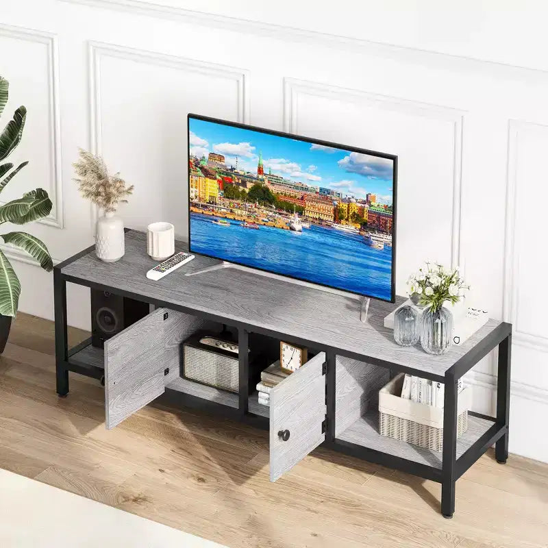 Meuble TV avec placards de rangement et étagères ouvertes, convient aux téléviseurs jusqu'à 65 pouces