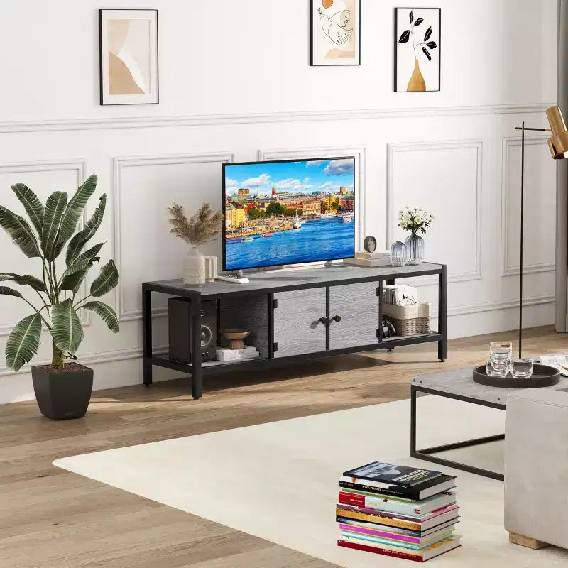 Meuble TV avec placards de rangement et étagères ouvertes, convient aux téléviseurs jusqu'à 65 pouces