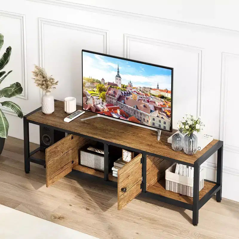 Meuble TV avec placards de rangement et étagères ouvertes, convient aux téléviseurs jusqu'à 65 pouces