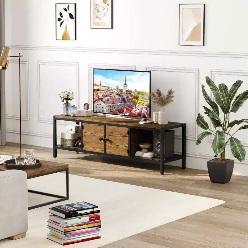 Meuble TV avec placards de rangement et étagères ouvertes, convient aux téléviseurs jusqu'à 65 pouces