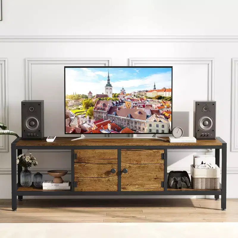 TV Stand for TV up to 65 Inches, Large TV Console Table with 2 Closed Storage Spaces and Open Compartments, Wooden Entertainment Center with Feet
