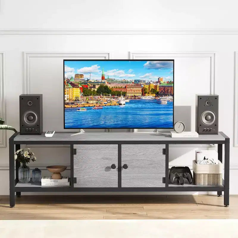 Meuble TV avec placards de rangement et étagères ouvertes, convient aux téléviseurs jusqu'à 65 pouces