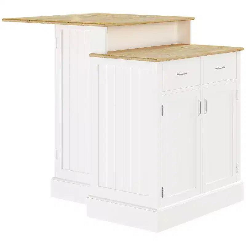Kitchen Island with 2-Level Rubber Wood Tabletop, Island Table with Adjustable Shelves and Drawers