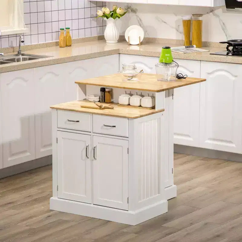 Îlot de cuisine avec plateau en bois à 2 niveaux, étagères réglables et tiroirs