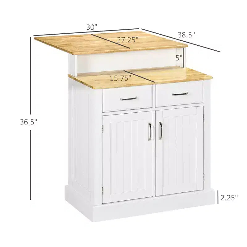 Îlot de cuisine avec plateau en bois à 2 niveaux, étagères réglables et tiroirs