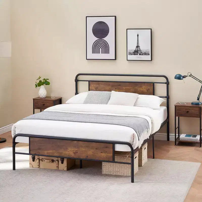 King-size bed frame with headboard, premium metal platform bed featuring steel slats, silent operation, easy assembly, no box springs required.