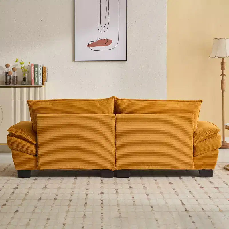 Canapé deux places en velours côtelé avec coussins de dossier – Assise profonde, structure en bois