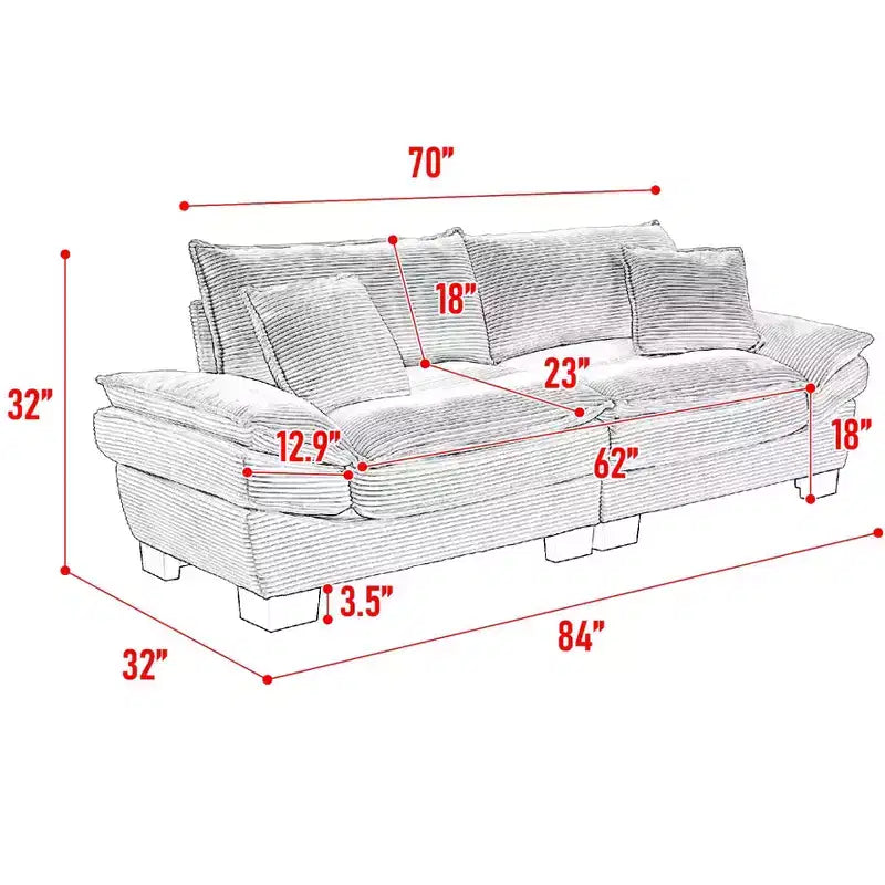 Canapé deux places en velours côtelé avec coussins de dossier – Assise profonde, structure en bois