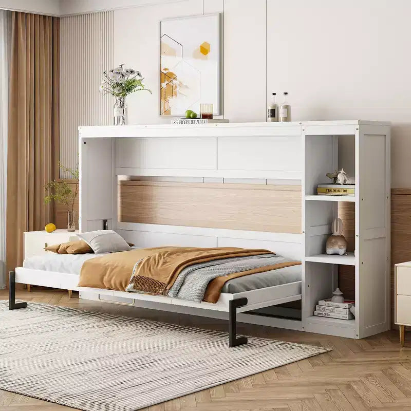 Lit escamotable avec étagère et rangement – Taille simple et double, design pliable peu encombrant