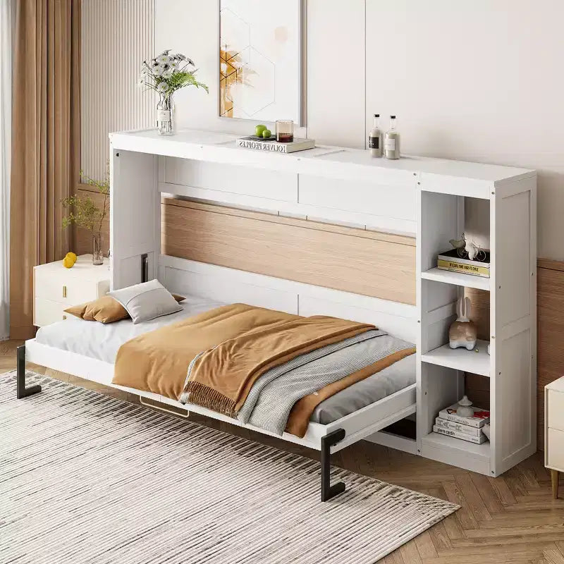 Lit escamotable avec étagère et rangement – Taille simple et double, design pliable peu encombrant