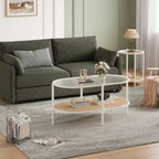 Table basse ovale avec plateau en verre ondulé, étagère de rangement en rotin, structure métallique à 2 niveaux, pour salon