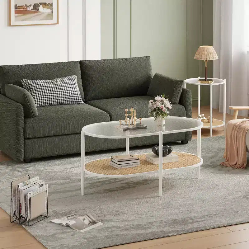Table basse ovale avec plateau en verre ondulé, étagère de rangement en rotin, structure métallique à 2 niveaux, pour salon