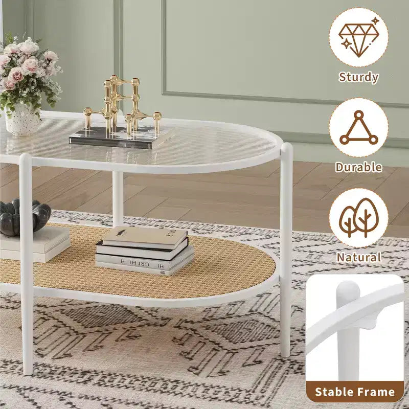 Table basse ovale avec plateau en verre ondulé, étagère de rangement en rotin, structure métallique à 2 niveaux, pour salon