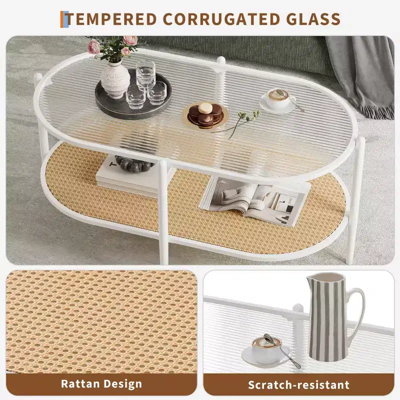 Table basse ovale avec plateau en verre ondulé, étagère de rangement en rotin, structure métallique à 2 niveaux, pour salon