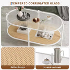 Table basse ovale avec plateau en verre ondulé, étagère de rangement en rotin, structure métallique à 2 niveaux, pour salon
