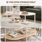 Table basse ovale avec plateau en verre ondulé, étagère de rangement en rotin, structure métallique à 2 niveaux, pour salon