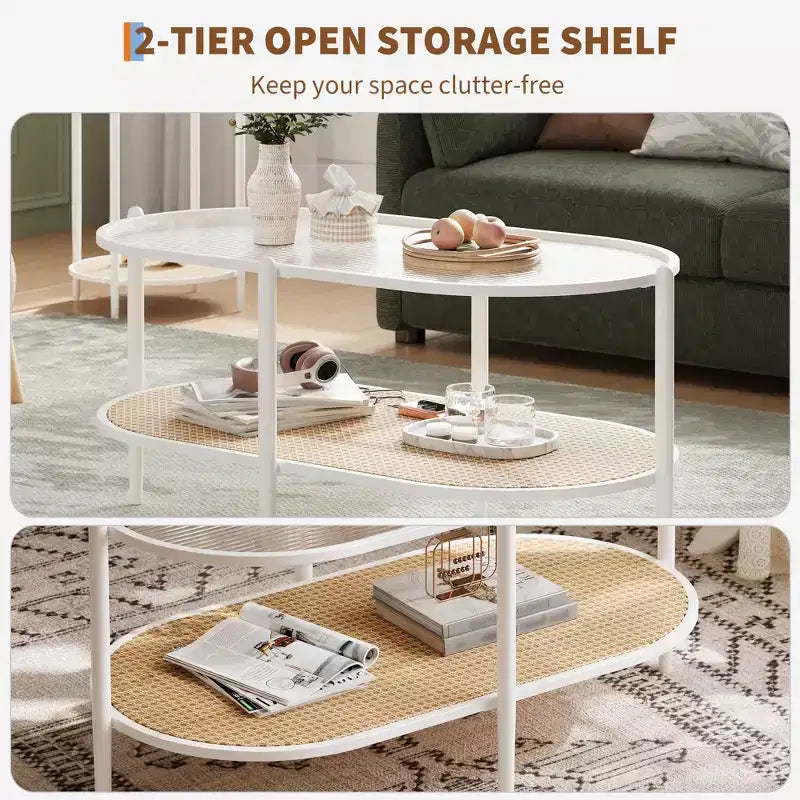 Table basse ovale avec plateau en verre ondulé, étagère de rangement en rotin, structure métallique à 2 niveaux, pour salon