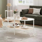 Table basse ovale avec plateau en verre ondulé, étagère de rangement en rotin, structure métallique à 2 niveaux, pour salon