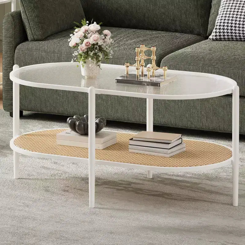 Table basse ovale avec plateau en verre ondulé, étagère de rangement en rotin, structure métallique à 2 niveaux, pour salon