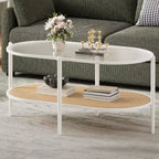 Table basse ovale avec plateau en verre ondulé, étagère de rangement en rotin, structure métallique à 2 niveaux, pour salon