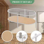 Table basse ovale avec plateau en verre ondulé, étagère de rangement en rotin, structure métallique à 2 niveaux, pour salon