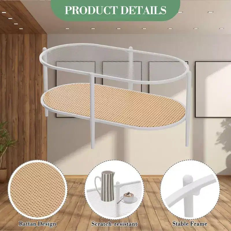 Table basse ovale avec plateau en verre ondulé, étagère de rangement en rotin, structure métallique à 2 niveaux, pour salon