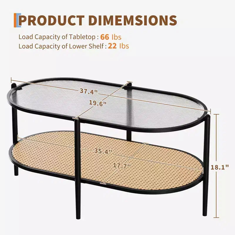 Table basse ovale avec plateau en verre ondulé, étagère de rangement en rotin, structure métallique à 2 niveaux, pour salon