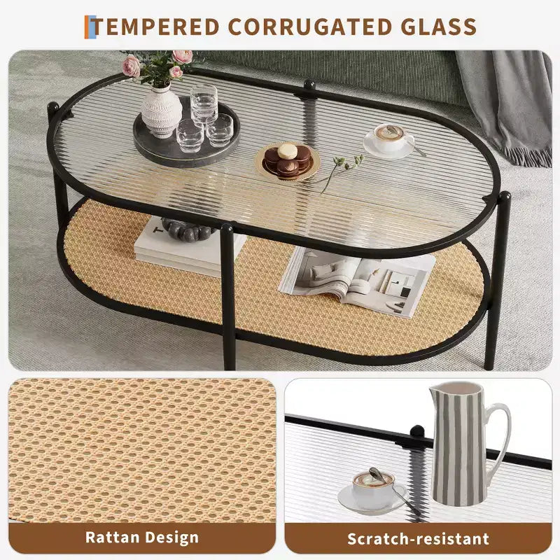 Table basse ovale avec plateau en verre ondulé, étagère de rangement en rotin, structure métallique à 2 niveaux, pour salon