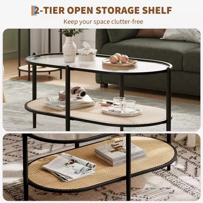 Table basse ovale avec plateau en verre ondulé, étagère de rangement en rotin, structure métallique à 2 niveaux, pour salon