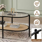Table basse ovale avec plateau en verre ondulé, étagère de rangement en rotin, structure métallique à 2 niveaux, pour salon