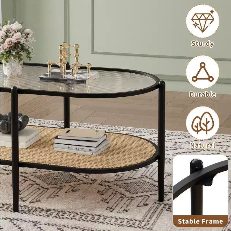 Table basse ovale avec plateau en verre ondulé, étagère de rangement en rotin, structure métallique à 2 niveaux, pour salon