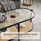 Table basse ovale avec plateau en verre ondulé, étagère de rangement en rotin, structure métallique à 2 niveaux, pour salon