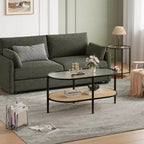 Table basse ovale avec plateau en verre ondulé, étagère de rangement en rotin, structure métallique à 2 niveaux, pour salon