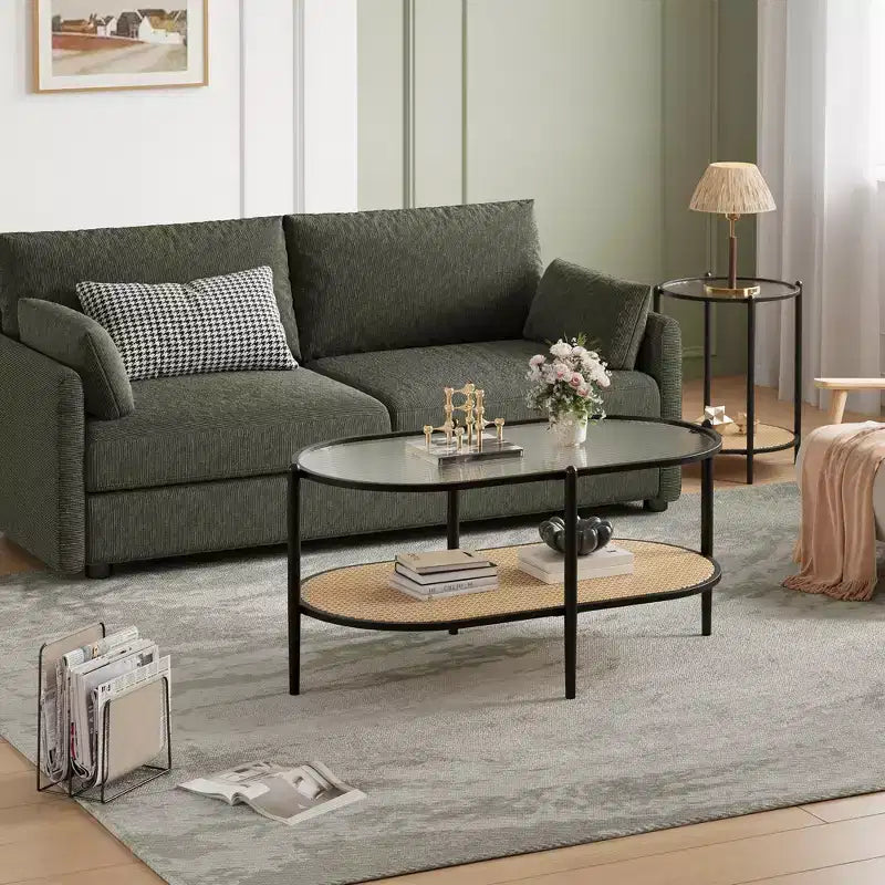 Table basse ovale avec plateau en verre ondulé, étagère de rangement en rotin, structure métallique à 2 niveaux, pour salon