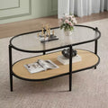 COZONY Coffee Table, Oval Water Wave Glass Top Side Table, Rattan Storage Shelf, 2-Tier Metal Frame, Farmhouse End Table for Living Room Small Space