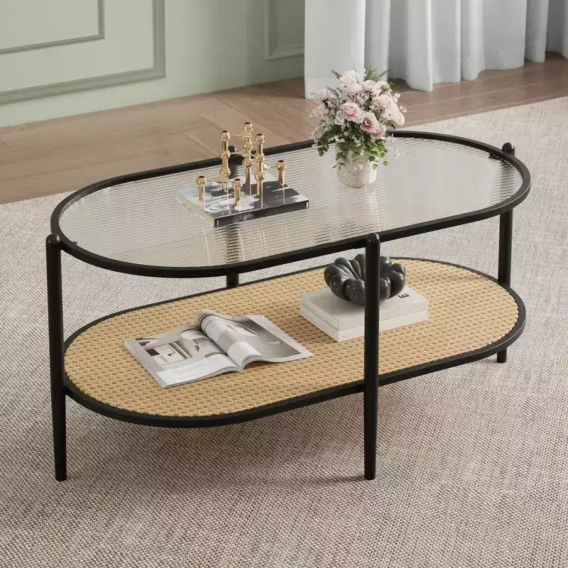 COZONY Coffee Table, Oval Water Wave Glass Top Side Table, Rattan Storage Shelf, 2-Tier Metal Frame, Farmhouse End Table for Living Room Small Space