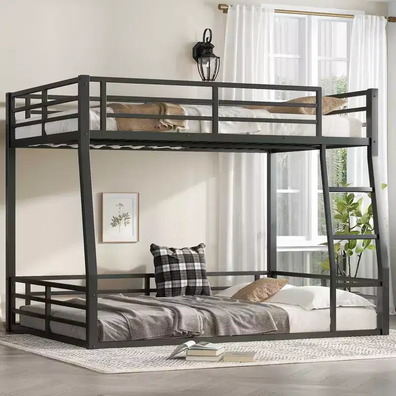 Bellemave Full XL Over Queen Metal Bunk Bed for Adults & Teens, Heavy Duty Space-Saving Frame, Guardrails, Noise-Free, No Box Spring, Black