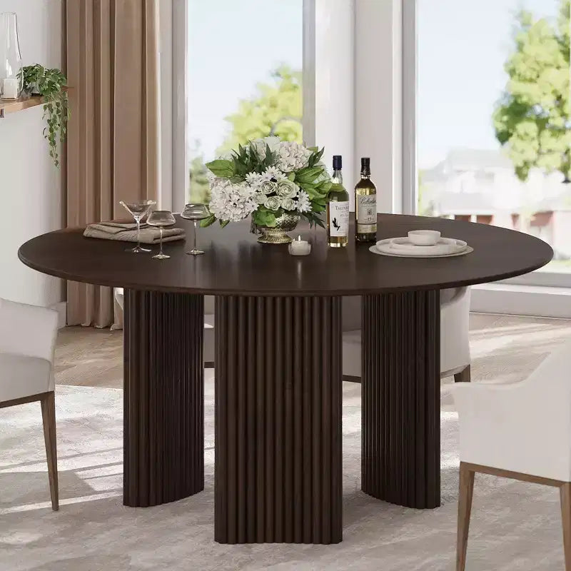 PexFix 60 Modern Round Dining Table with Striped Column Legs Solid Wood Kitchen Table Anti-Scratch Footpads for Dining Room & Kitchen Bar in Walnut