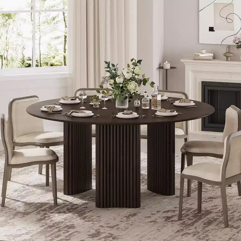 Table de salle à manger ronde de 60" avec pieds colonnes rayés et plateau en bois massif