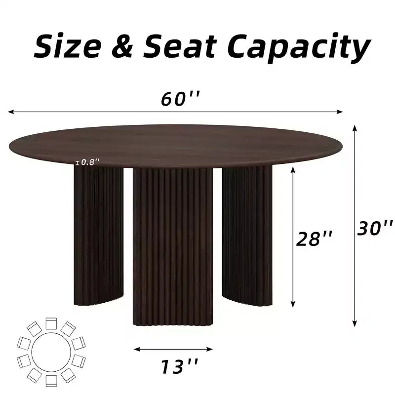 Table de salle à manger ronde de 60" avec pieds colonnes rayés et plateau en bois massif