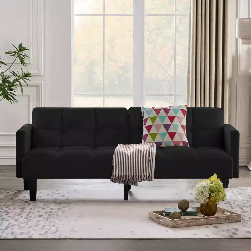 MAYEERTY Velvet Futon Couch Convertible Folding Three Seater Sofa Bed Tufted Couch for Apartment Black