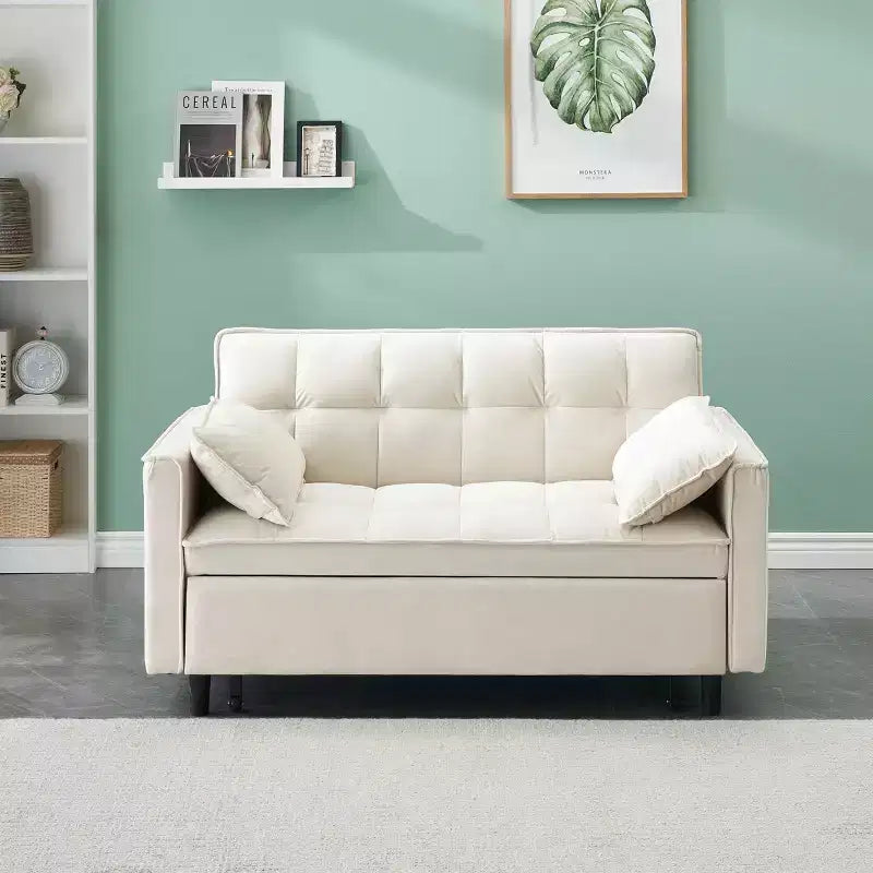 MAYEERTY Modern Velevt Loveseat Sleeper Sofa Couch Pull Out Bed with Toss Pillows Pockets for Living Room Bedroom Beige