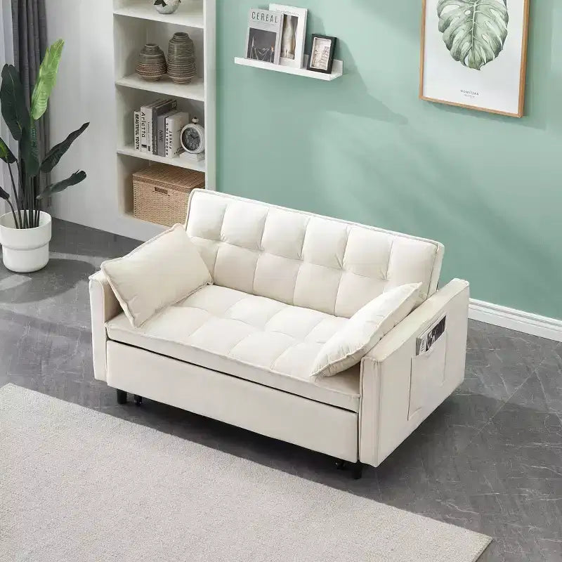 Canapé-lit deux places en velours avec lit gigogne – Beige