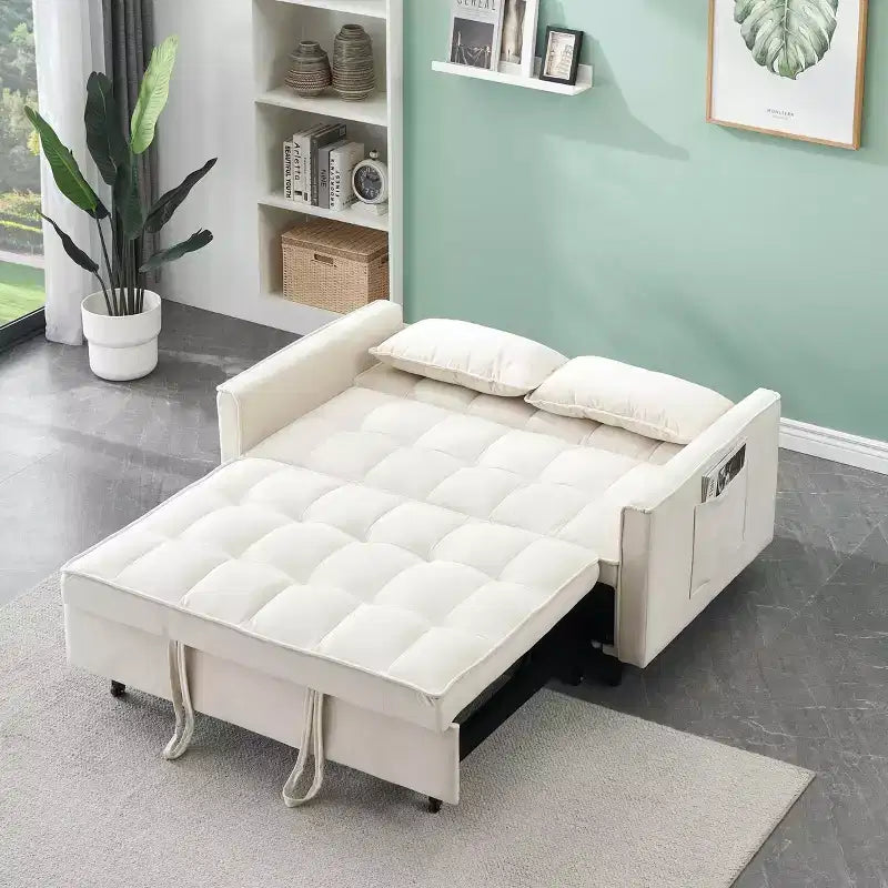 Canapé-lit deux places en velours avec lit gigogne – Beige