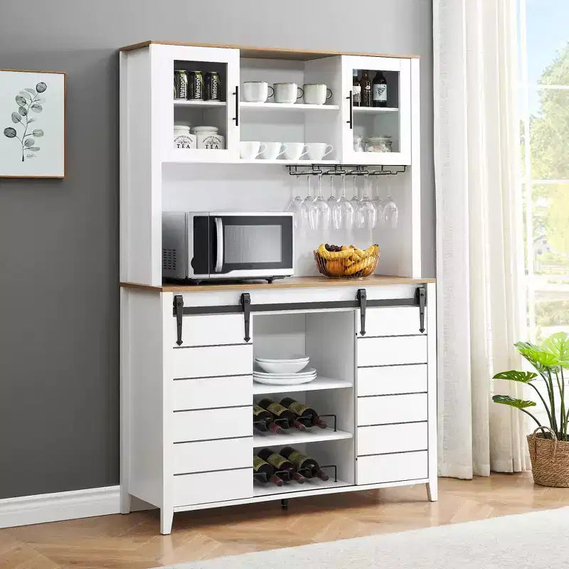 Meuble de bar à café et cave à vin de style ferme de 70 pouces avec portes coulissantes de grange, buffet de cuisine avec étagère à vin et porte-verres, meuble de rangement de garde-manger