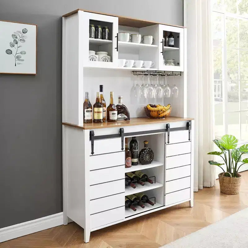Meuble de bar à café et cave à vin de style ferme de 70 pouces avec portes coulissantes de grange, buffet de cuisine avec étagère à vin et porte-verres, meuble de rangement de garde-manger