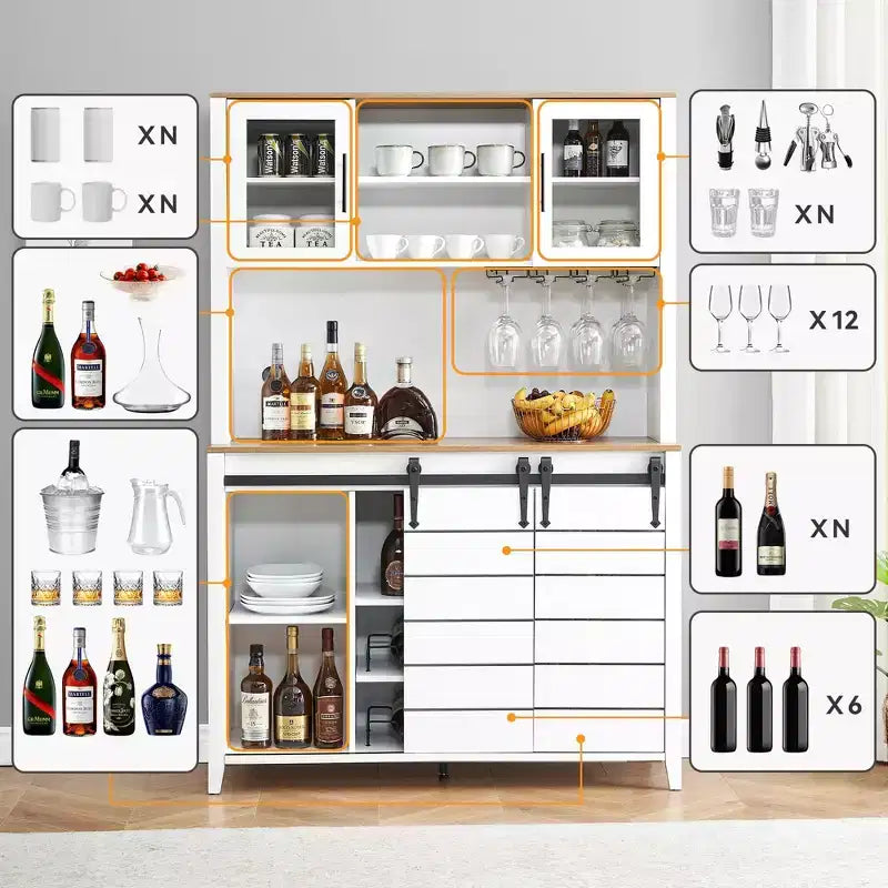 Meuble de bar à café et cave à vin de style ferme de 70 pouces avec portes coulissantes de grange, buffet de cuisine avec étagère à vin et porte-verres, meuble de rangement de garde-manger