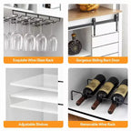 Meuble de bar à café et cave à vin de style ferme de 70 pouces avec portes coulissantes de grange, buffet de cuisine avec étagère à vin et porte-verres, meuble de rangement de garde-manger