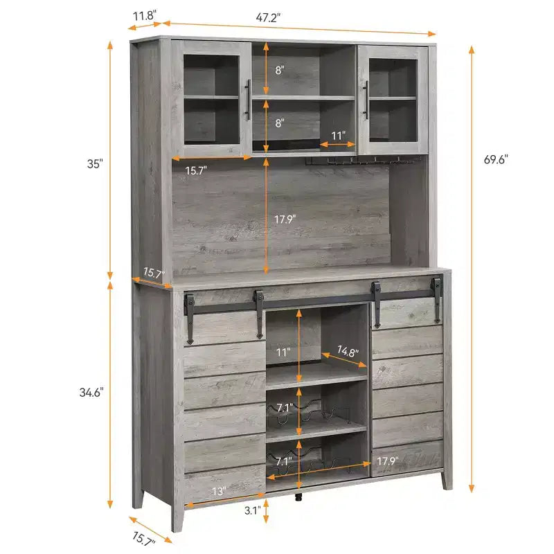 Meuble de bar à café et cave à vin de style ferme de 70 pouces avec portes coulissantes de grange, buffet de cuisine avec étagère à vin et porte-verres, meuble de rangement de garde-manger
