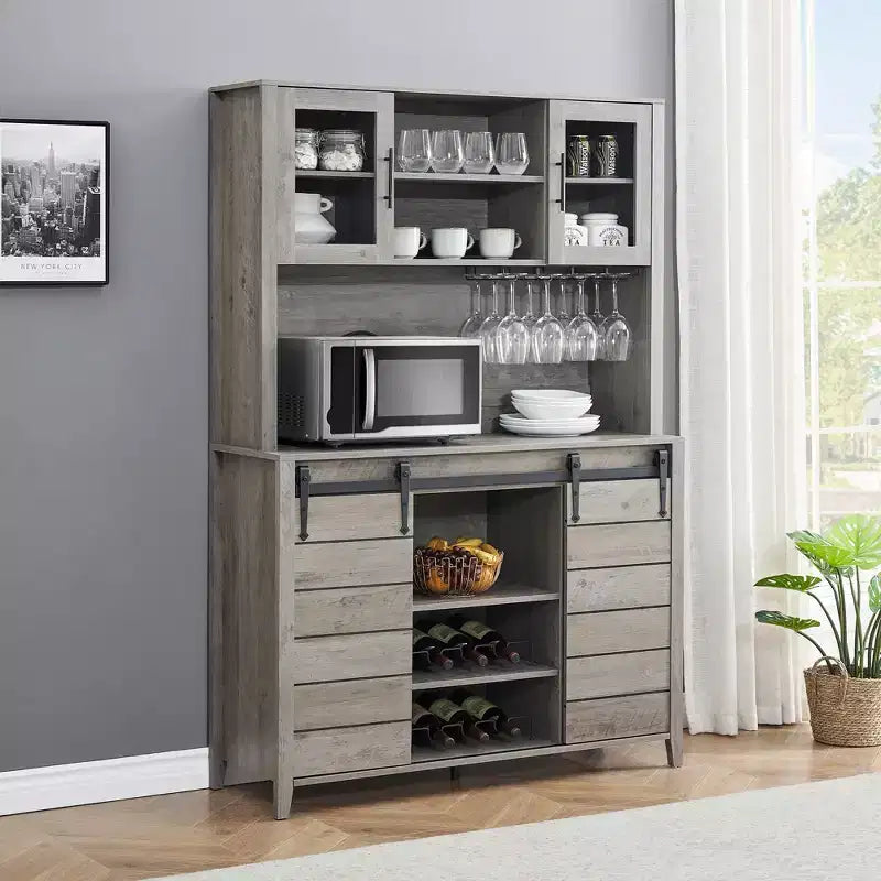 Meuble de bar à café et cave à vin de style ferme de 70 pouces avec portes coulissantes de grange, buffet de cuisine avec étagère à vin et porte-verres, meuble de rangement de garde-manger